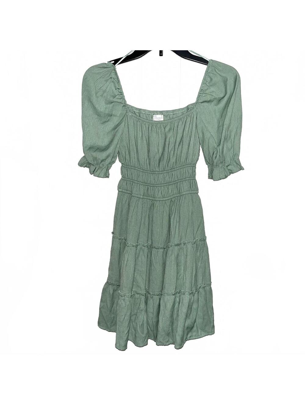 Blue Rain x Francesca’s Sage Green Puff Sleeve Tiered Mini Dress XS